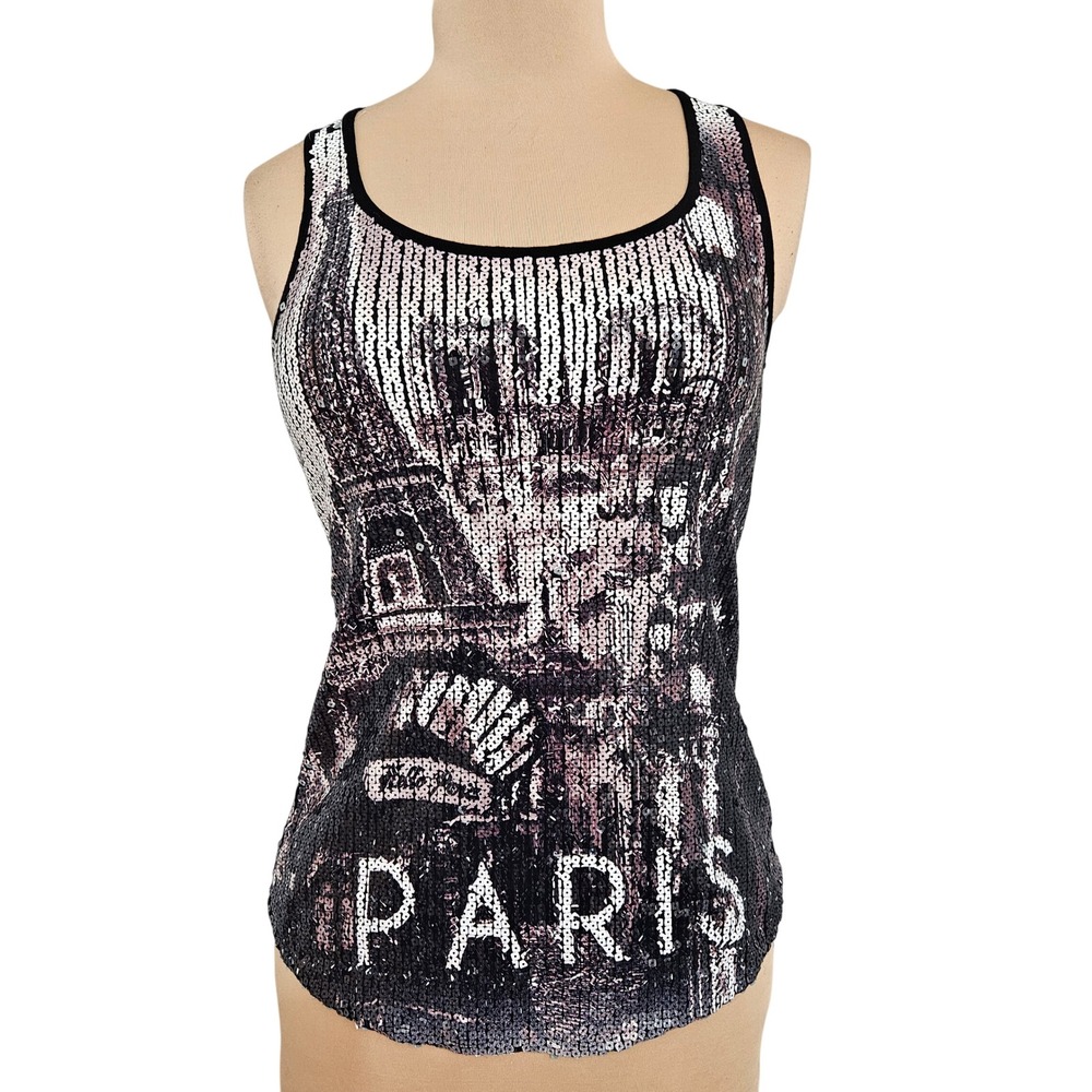 Hello Paris Sequin Eiffel Tower Tank Top Black Silver Size 2 Y2K Artsy Glam